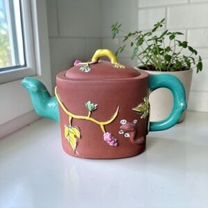 Yixing Zisha Clay Teapot Grape Vine Relief Turquoise Spout Handle Signed